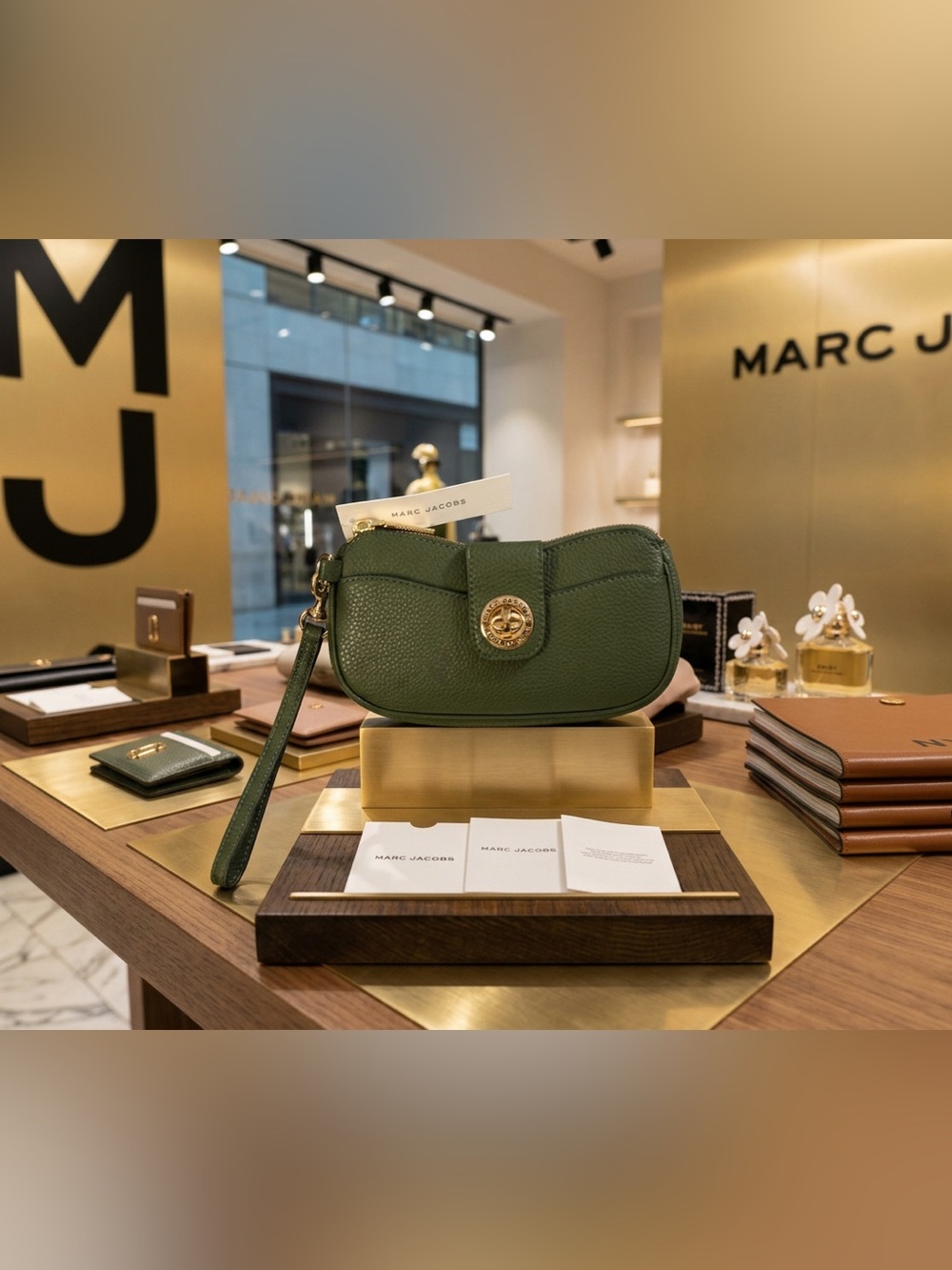 Marc Jacobs NWT Spruce Green Pebbled Leather Wristlet with Gold Hardware **